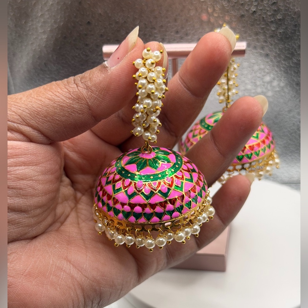 Pink and Green Jhumka Earrings with Pearl Detailing - Picture 5 of 5